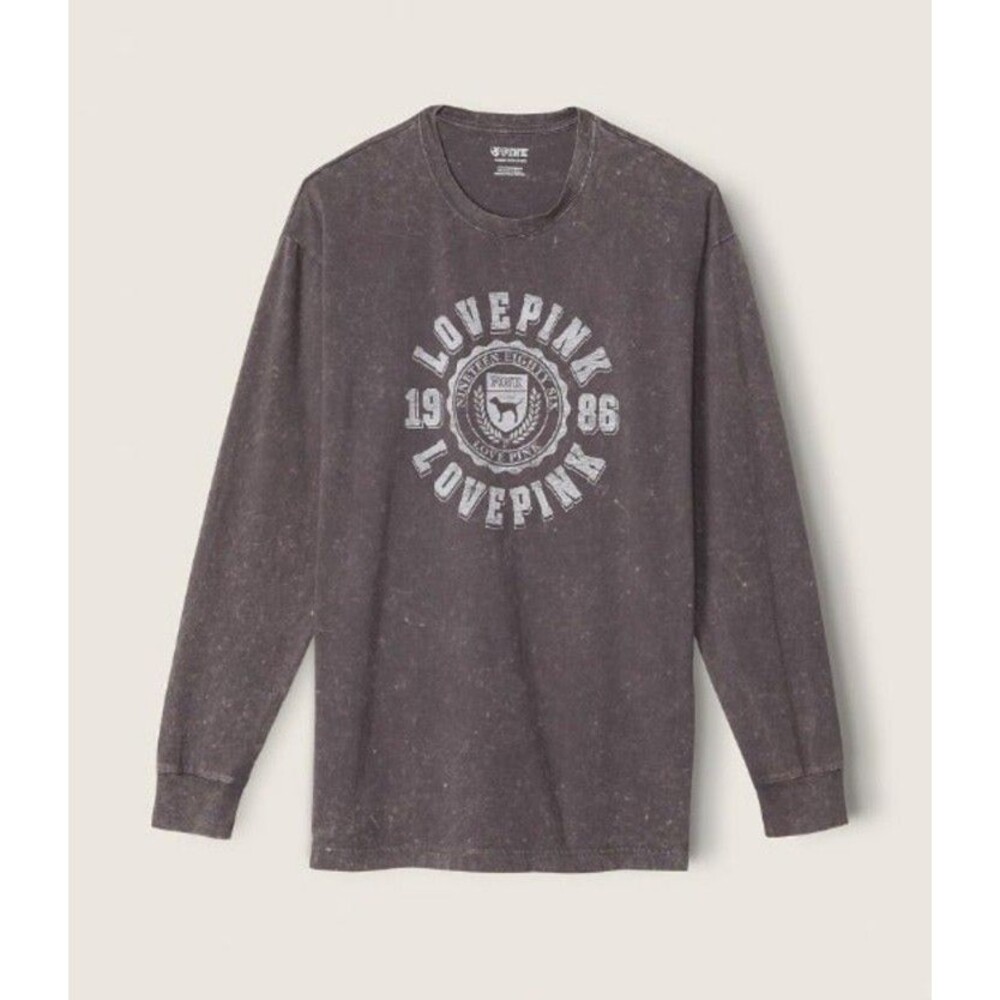 VS PINK CAMPUS TEE SHIRT LONG SLEEVE DARK CHARCOAL L